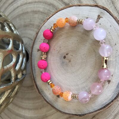 Lady's bracelet in pink Quartz, orange Agate and Lava stone