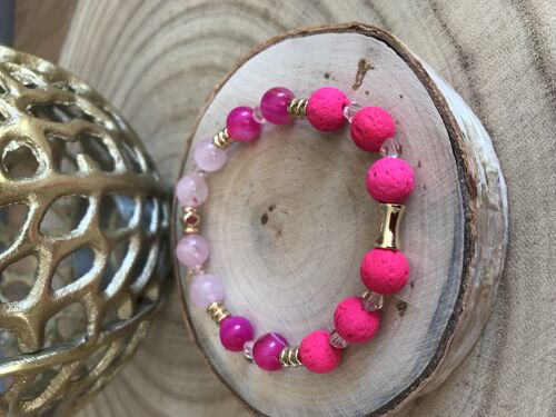 Bracelet dame en pierre de Lave, Agate fuchsia et Quartz rose
