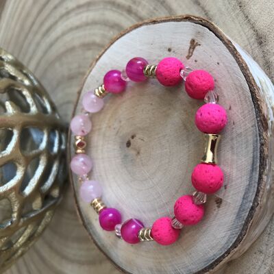 Pulsera de mujer en piedra de lava, ágata fucsia y cuarzo rosa