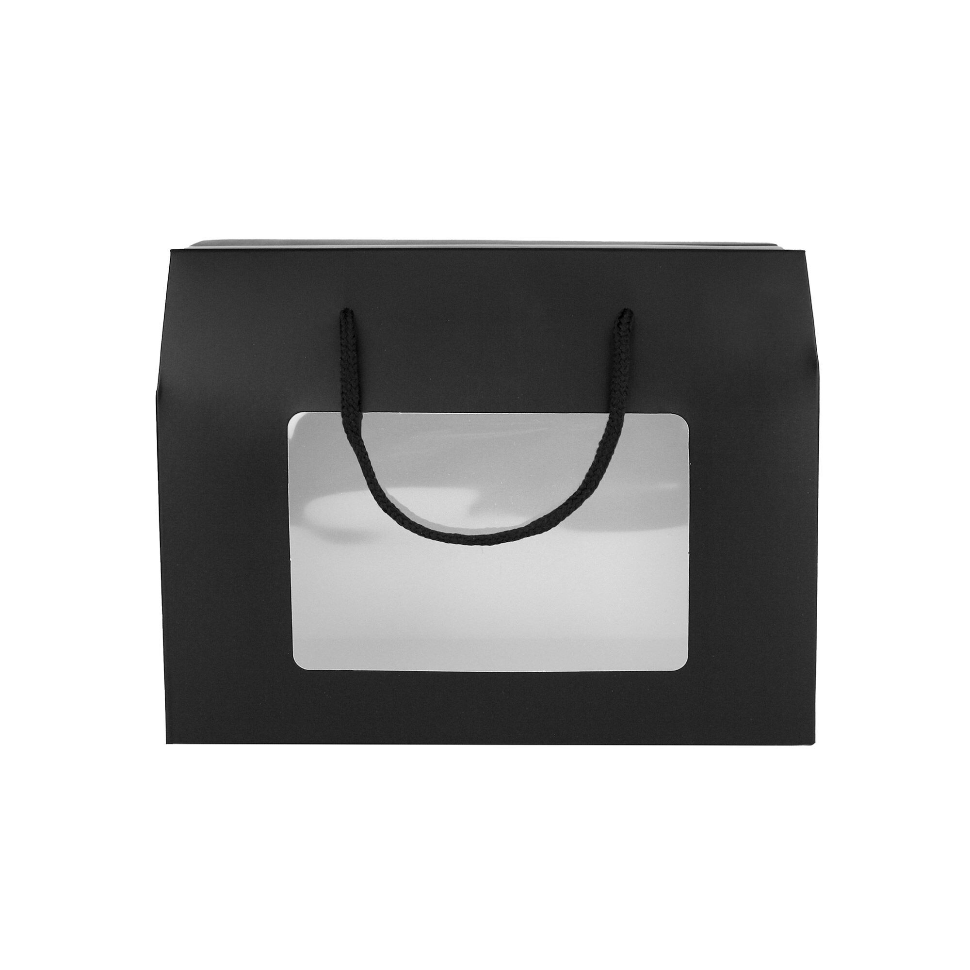 Bolsa tipo caja de papel kraft negro con ventana transparente y asa - Paquete de 12
