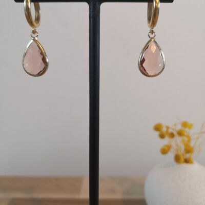 Pendientes Vogue, mini aros con gota de cristal tallado. Rosado