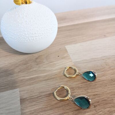 Pendientes Vogue, mini aros en gota de cristal tallado. Azul