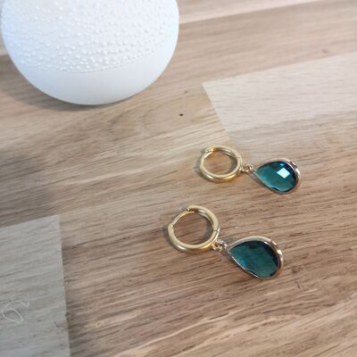 Vogue earrings, mini hoops in crystal cut glass drop. Blue