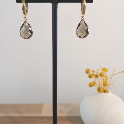 Vogue earrings, mini hoops in crystal cut glass drop. Brown
