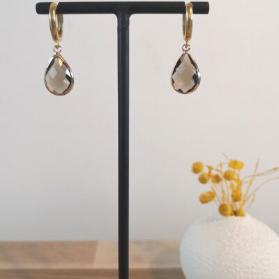 Vogue earrings, mini hoops in crystal cut glass drop. Brown