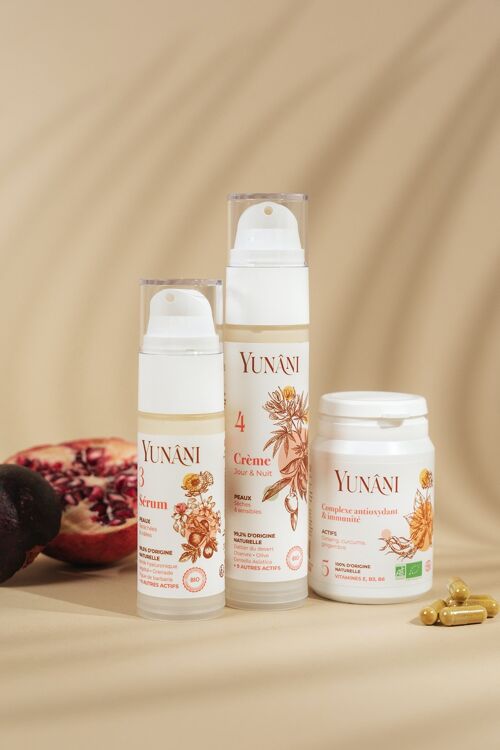 Yunâni- ROUTINE VISAGE- TRIO DE SOINS IN&OUT - Anti-âge - Hydratant- Booster d'immunité- BIO- MADE IN FRANCE -100% naturelle- vegan