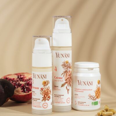 Yunâni- ROUTINE VISAGE- TRIO DE SOINS IN&OUT - Anti-âge - Hydratant- Booster d'immunité- BIO- MADE IN FRANCE -100% naturelle- vegan