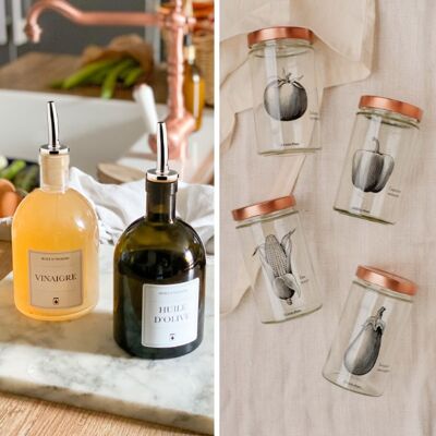 Cuisine en Fête - Eco-responsible gifts (designer jars with handcrafted decor, oil and vinegar bottle box)