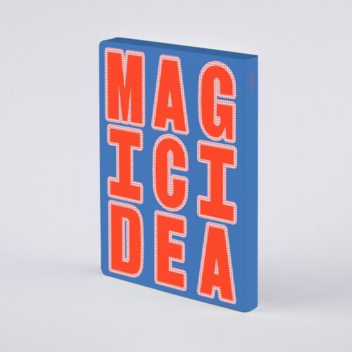 Magic Idea  - Graphic L Glow | nuuna Notizbuch A5+ | 3,5 mm Punktraster | 120 g Premium-Papier | Leder blau |Motiv leuchtet | fluoreszierend| nachhaltig produziert in Deutschland