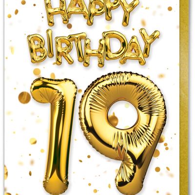 Age 19 Balloon Gold White - 19th Birthday Card