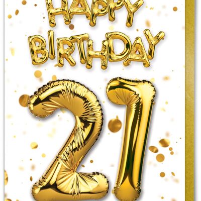 Age 21 Balloon Gold White - 21st Birthday Card
