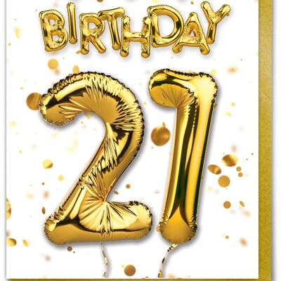 Age 21 Balloon Gold White - 21st Birthday Card