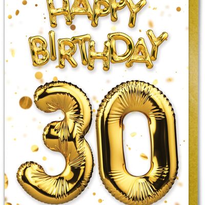 Age 30 Balloon Gold White - 30th Birthday Card