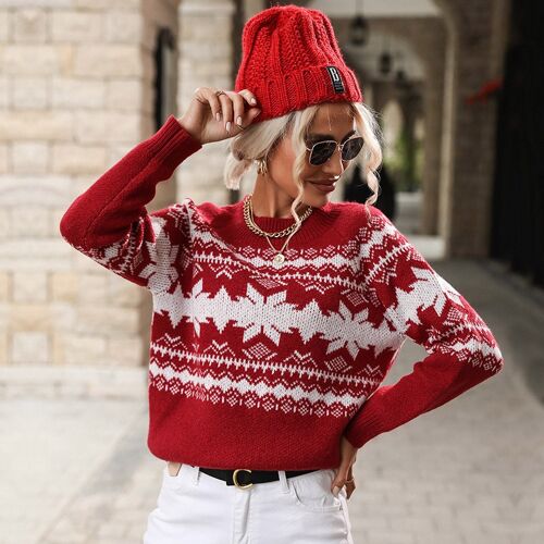 Round Collar Red Knit Snowflake Sweater