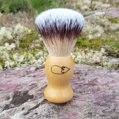 Vegan beard shaving brush with synthetic bristles in wood