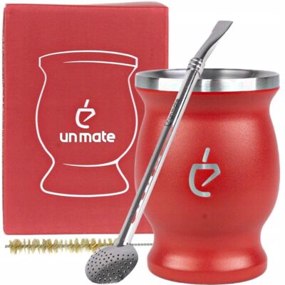 Juego de yerba mate Combo Acero rojo: calabaza inox, bombilla y brocha