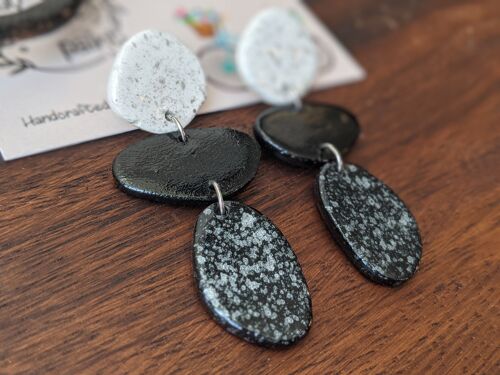 Speckled earrings, black white and silver earrings, minimal earrings