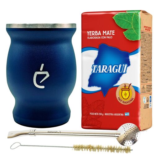 Yerba mate tea starter complete set: inox calebasse, bombilla, brush and yerba