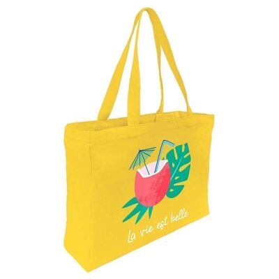 Tote bag grand format en coton imprimé - Noix de coco La vie est belle