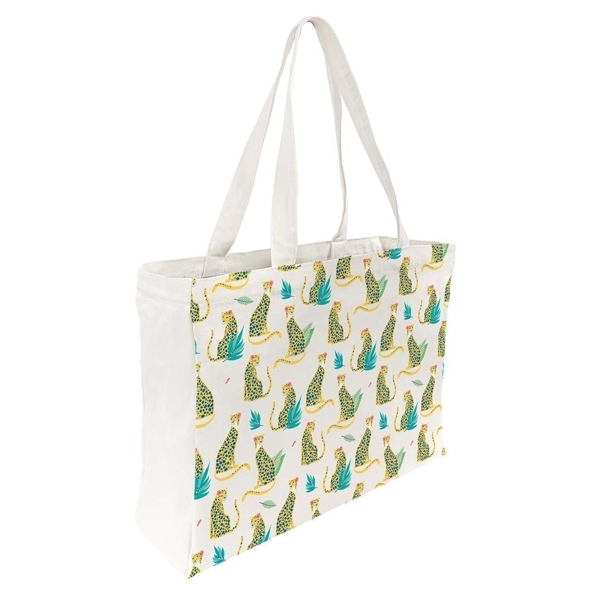 Borsa tote grande in cotone stampato - Wild cat