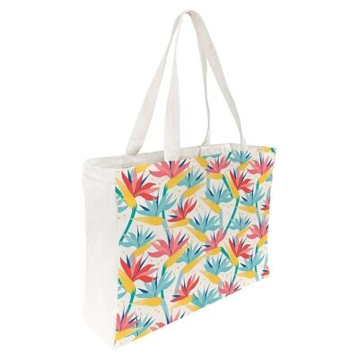 Borsa tote grande in cotone stampato - Uccelli del paradiso fiori esotici