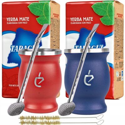 Yerba Mate Tee Starter-Set für zwei Personen: Inox Calebasse, Bombilla, Pinsel und Yerba Taragui