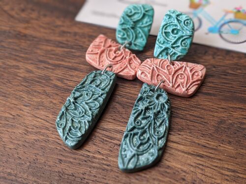 Embossed clay earrings, sage green and muted pink earrings