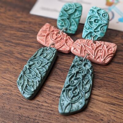 Embossed clay earrings, sage green and muted pink earrings