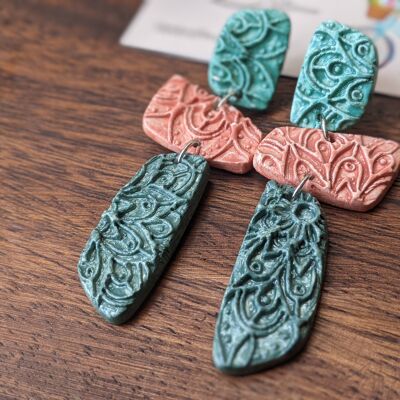 Embossed clay earrings, sage green and muted pink earrings