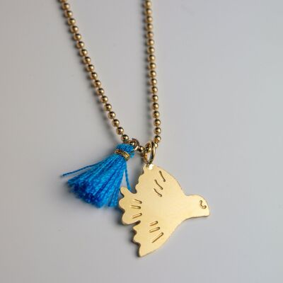 Collier Pendentif Bird x pompon bleu