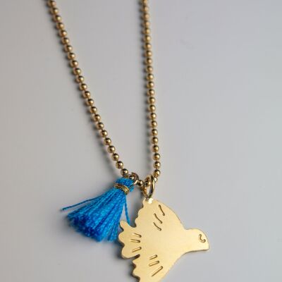 Bird pendant necklace x blue pompom