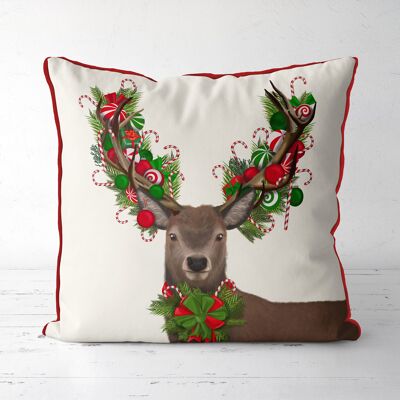 Deer with candy cane wreath antlers, Christmas Throw pillow, Cushion cover