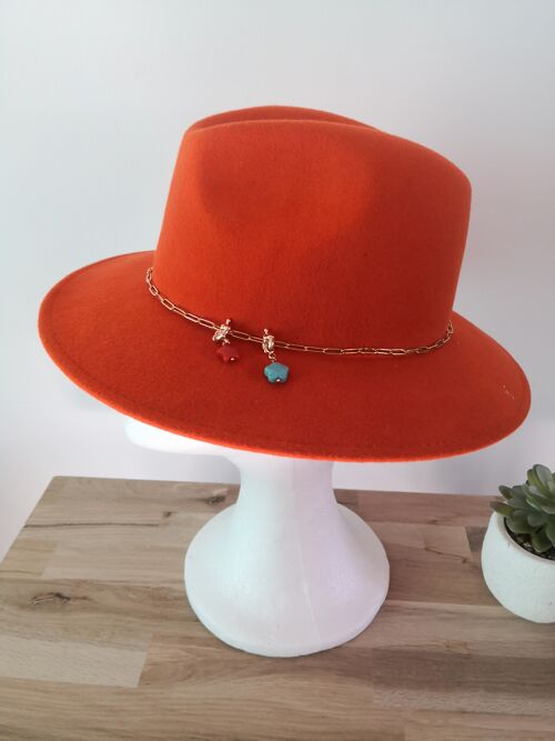 Chapeau en feutre, forme FEDORA, chapeau femme avec chaine bijoux, 100% feutre de laine, chapeau mode hiver, collection hiver. Orange