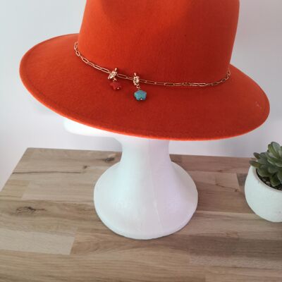 Cappello in feltro, forma FEDORA, cappello da donna con catena gioielli, feltro 100% lana, cappello moda invernale, collezione invernale. Arancia