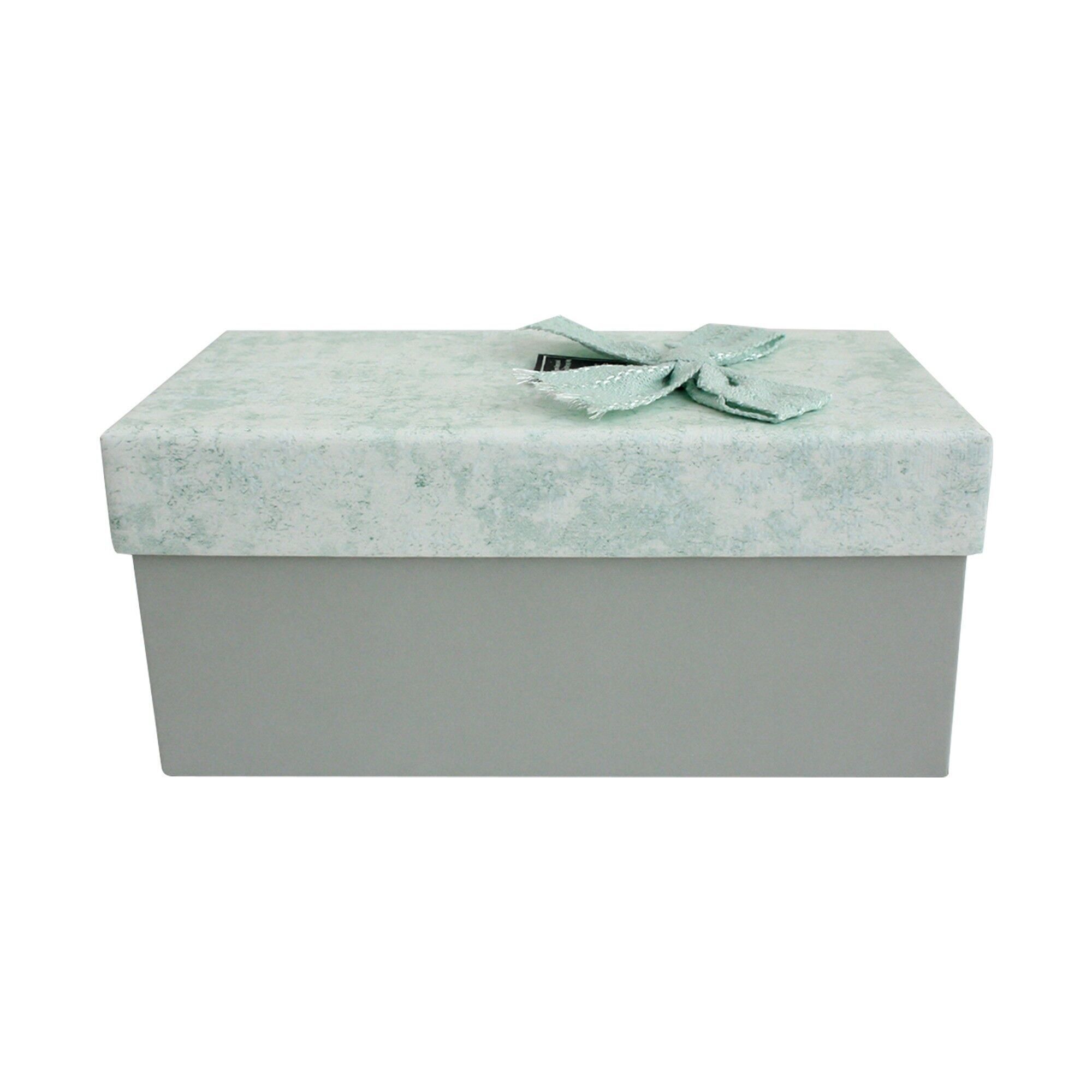 Boîte-cadeau rectangulaire grise avec couvercle et nœud vert d'eau texturé