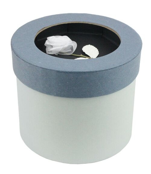 Round, Grey Gift Box with Blue Lid, With Rose Flower