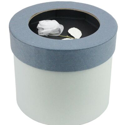 Confezione Regalo Rotonda Grigia con Coperchio Blu, Con Fiore Rosa