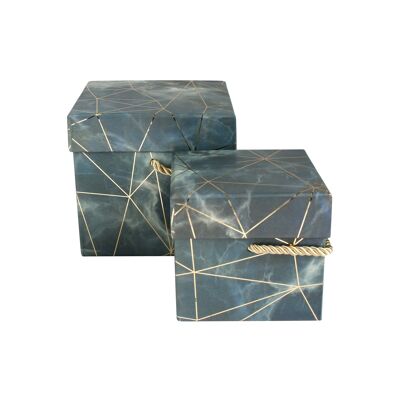 Set of 2 Square Gift Box, Blue Grey Marble Print Gold Lines