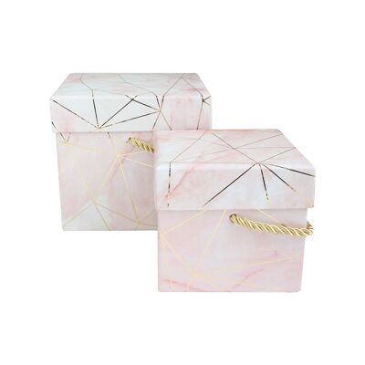 Set of 2 Square Gift Box, Pink Marble Print Gold Lines