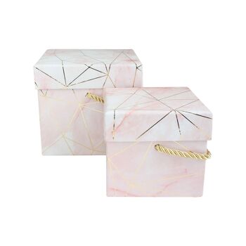 Lot de 2 Coffrets Cadeaux Carrés, Imprimé Marbre Rose Lignes Dorées 1