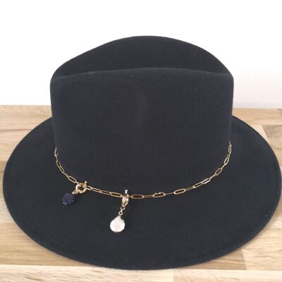 Sombrero de fieltro, forma FEDORA, Sombrero de mujer con cadena joya, fieltro 100% lana. Sombrero de moda de invierno. Colección de invierno. Marina