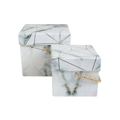 Set of 2 Square Gift Box, White Marble Print Gold Lines