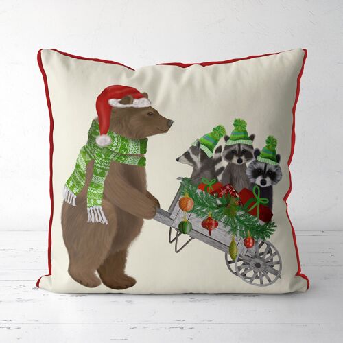 Bear & racoons in wheelbarrow, Christmas throw pillow, cushion cover
