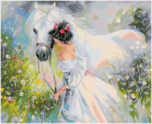 La jeune fille et son cheval blanc - Diamants carrés