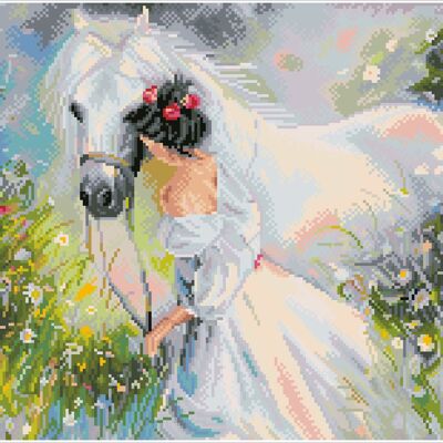 Das junge Mädchen und ihr weißes Pferd - Quadratische Diamanten