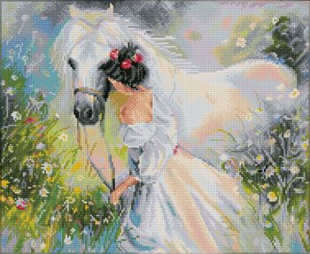 La jeune fille et son cheval blanc - Diamants carrés 2