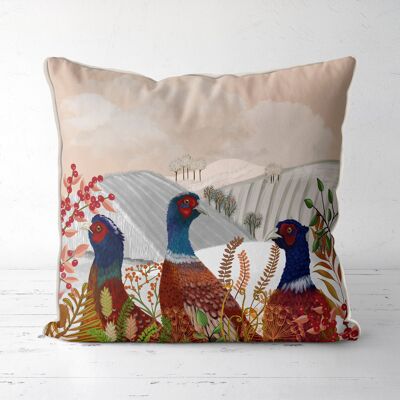 Winter pheasants in field, Throw pillow, Cushion cover