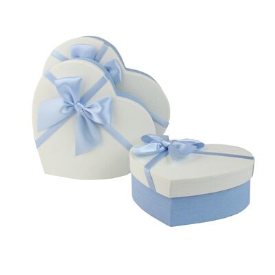 Set of 3 Heart, Blue Gift Box, White Lid, Satin Bow Ribbon