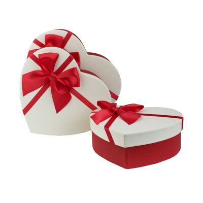 Set of 3 Heart, Red Gift Box, White Lid, Satin Bow Ribbon