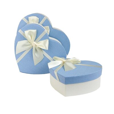 Set of 3 Heart, White Gift Box, Blue Lid, Satin Bow Ribbon